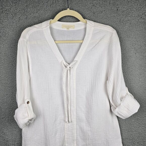 Side Stitch LA Cover Up Women M White Cotton Roll Tab Sleeves Lace Up V-Neck - Picture 5 of 12